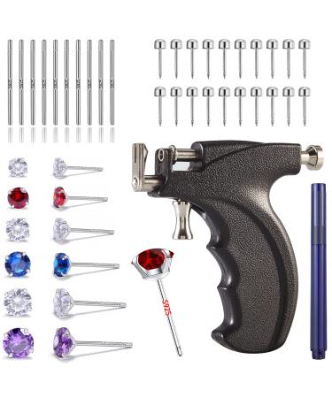 EOKOW Ear Piercing Kit Professional Reusable Self Peircings Gun Tools With Silver Earrings Set Stainless Steel Studs For All Body Lip Nose Salon Home Use  Black
