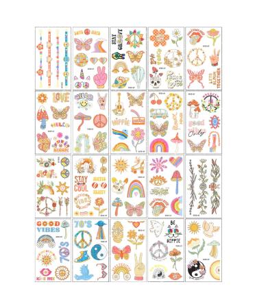 Groovy 70s Temporary Tattoos - Flower Glitter Fake Tattoo Stickers for Retro Hippie Decor - 20 Sheets - Buy Online on GoSupps.com