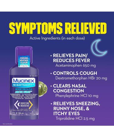 Mucinex Nightshift Cold & Flu Clear & Cool Liquid 6 fl. oz. - Relieves Cold & Flu Symptoms with Menthol - Fever, Sneezing, Sore Throat, Runny Nose, Nasal Congestion & Cough Control - Buy Online on GoSupps.com