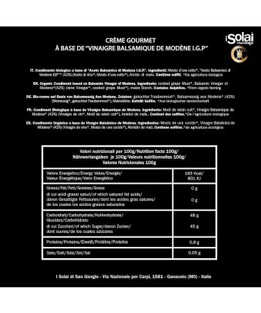 Solai Di San Giorgio Classic Organic Gourmet Cream Based on Balsamic Vinegar of Modena I.G.P. Made with 100% Organic Italian Grapes Ideal for Salads Roasts Pizza 180 g - Buy Online on GoSupps.com