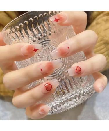 MERVF Glossy Red Gradient Coffin Press on False Nails with Heart Print - 24pcs Acrylic Nails for Women and Girls - Buy Online on GoSupps.com