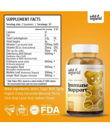 Wild & Organic Immune Support Gummies with Echinacea, Ginger, Astragalus, Mullein & Elderberry - Immunity Boost Supplement for Adults - 60 Chews - Buy Online on GoSupps.com