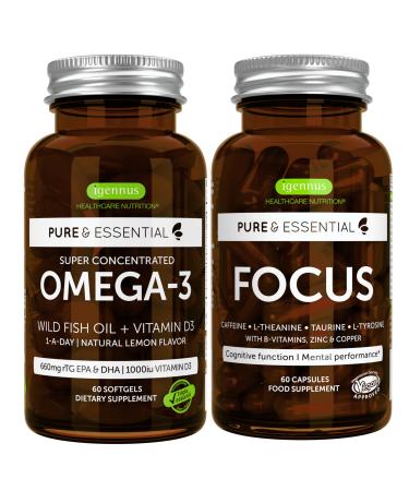 Omega-3 & Vitamin D3 1000iu + Focus Brain Booster Bundle Fast-Acting 1-a-Day EPA & DHA rTG Wild Fish Oil + Caffeine L-Theanine Taurine & L-Tyrosine B-Vitamins Zinc & Copper by Igennus