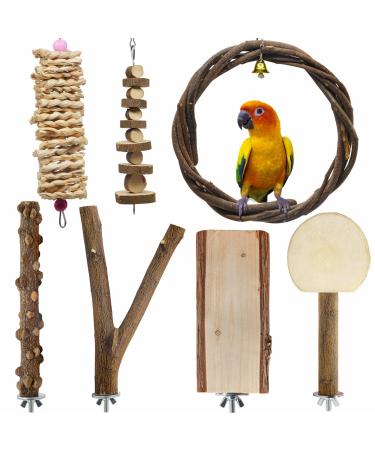 LIMIO 7 PCS Bird Parrot Swing Chewing Toys Natural Wood Bird Perch Bird Cage Toys Suitable for Small Parakeets, Cockatiels, Conures, Finches,Budgie, Parrots, Love Birds