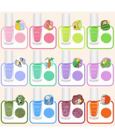 Kids Nail Polish Set - 12 Peel-Off Rainbow Colors with Cartoon Stickers | Non-Toxic Water-Based Nail Varnish Kit for Toddlers, Girls, Teens - Blue, Pink, Orange - Buy Online on GoSupps.com