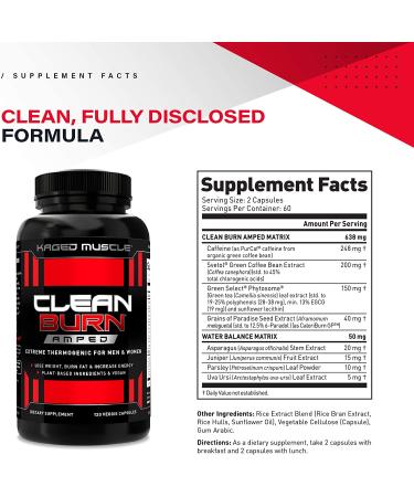 Kaged Muscle Clean Burn Amped Extreme Thermogenic for Men & Women  Weight Loss Supplement with Organic Caffeine  120 Veggie Caps Stimulant 120 Count (Pack of 1) - Buy Online on GoSupps.com
