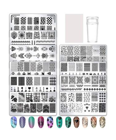 birdsunshine 10 Pcs Nail Stamping Plates Flowers Lace Geometric Patterns Nail Art Stamping Templates Manicure Tool Kit with 1 Stamper and 1 Scraper