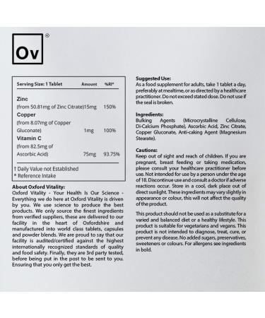 Zinc Copper Vitamin C Tablets for General Health, Hair, Skin, Nails | Oxford Vitality 500 - Buy Online on GoSupps.com