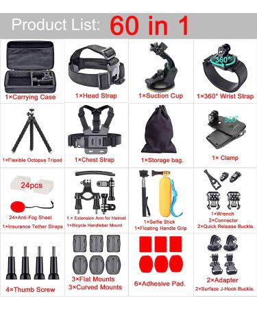 60-in-1 Camera Accessories Kit for GoPro, DJI Osmo Action, AKASO, APEMAN, Campark - Compatible with Hero 11 10 9 8 7, GoPro Max, Fusion, SJCAM - Buy Online on GoSupps.com