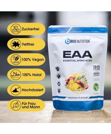 EAA Powder Tropical 1000g (2-Pack) - Vegan Essential Amino Acids | 11g Protein per Serving | No Aftertaste - BIOS Nutrition (Made in Germany) - Buy Online on GoSupps.com