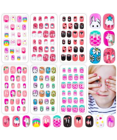 144 Pieces Fake Nails for Kids Girls Artificial Kids Press on Nails Full Cover Short Acrylic Stick On Nails False Nail Tips Kit for Children Little Girls Nail Art Decoration (Cute Pattern)