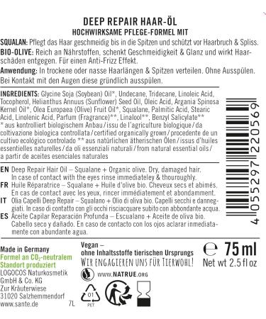 SANTE Naturkosmetik Deep Repair Hair Oil Squalan + Organic Olive Vegan Oil for Intensely Nourished and Silky Hair Repairs and Regenerates Damaged Hair 75 ml - Buy Online on GoSupps.com