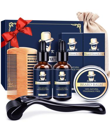 Beard Growth Kit - Derma Roller for Beard Growth, Beard Kit with Beard Growth Oil, Beard Balm, Comb, Facial Hair Growth Products for Patchy Beard, Birthday Gifts for Men Husband Dad Boyfriend Brother