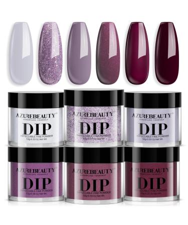 AZUREBEAUTY Dip Powder Nail Set 6 Colors Fall Winter Purple Rose Red Glitter Natural Dipping Powder Starter Kit French Nail Art Manicure DIY Salon No Need Nail Lamp Cured Glitter Purple Rose
