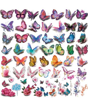 Coszeos 40Sheets Butterfly Tattoos for Women Girls Kids  3D Temporary Fake Flower Colorful Butterflies Wings Tattoo Stickers Art Waterproof for Face Body Arm Birthday Party Favors Supplies Gifts