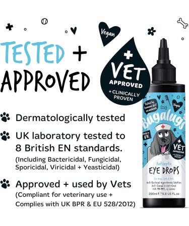 BUGALUGS Dog Eye Drops for infection 200ml Antiseptic eye drops for dogs puppy & cats. Antibacterial First aid for dry itchy irritated gunky & tear stain eyes. Eye Wash Cleaner Cat 200ml - Buy Online on GoSupps.com