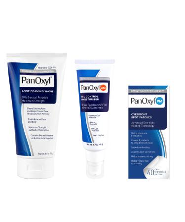 PanOxyl 10% Benzoyl peroxide Acne Foaming Wash, Oil Control Moisturizer & Patches Bundle