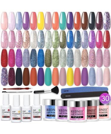 REDNEE 39 Pcs Dip Powder Nail Kit Starter 30 Colors Dipping Powder Liquid System Macaroon Rainbow Collection Solid Sparkle Glitter Shades with 5 Tools RE16 Macaroon Collection