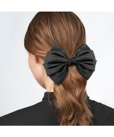 Bow Hair Clip Hair Bows for Women Big Bowknot Hairpin French Hair Clips with Ribbon Solid Color Hair Barrette Clips Soft Satin Silky Hair Bows for Women Girls(Black-1PC)
