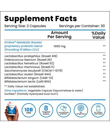 Ombre Metabolic Booster Probiotic - Supports Metabolism Healthy Weight Management & Digestion - Energy & Gut Health Supplement for Women and Men - 10 Billion CFU Prebiotic Fiber Vegan 30 Servings - Buy Online on GoSupps.com