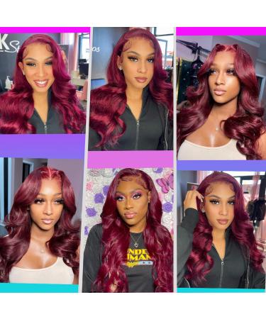 22 Inch 99j Burgundy Lace Front Wig Human Hair 180% Density | HD Transparent Body Wave Pre Plucked Wig for Black Women - Buy Online on GoSupps.com
