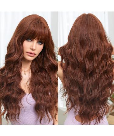 EMMOR Auburn Wigs for Women Long Curly Wigs with Bangs Heat Resistant Fiber Synthetic Wigs Daily Natural looking