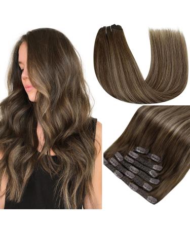 Runature real hair Extensions clip brown balayage ombre clip extensions real hair 45cm dark brown with caramel blond hair extension clips #4T27P4 18 inch 45cm-7PCs #4T27P4