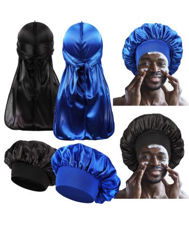 4 PCS Silk Bonnet for Men Curly Hair Mens Bonnet for Sleeping Wide Band Hair Bonnets Men Matching Durags and Bonnets Pack for Men Set E-Black Blue