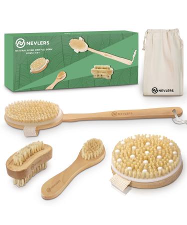 Nevlers Natural Boar Bristle Body Brush Set with Detachable Cellulite Massage Brush and Long Wooden Handle for Dry Brushing Perfect Kit to Exfoliate and Get Rid of Cellulite