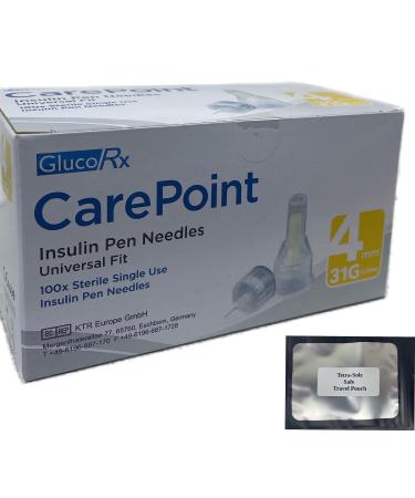 Glucorx Carepoint Diabetic Insulin Pen Tips 4mmx31G 5mmx31G 6mmx31G 8mmx31G 12mmx29G + FREE Tetra-Sole Travel Pouch (4mm 31G)