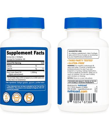 Nutricost Black Seed Oil (Cumin) - Cold Pressed Source of Omega 3 6 9-120 Softgels 1000mg Per Serving 60 Servings - Non-GMO and Gluten Free - Buy Online on GoSupps.com
