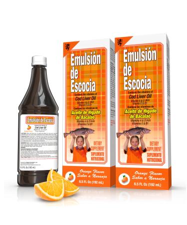 Emulsi n de Escocia Cod Liver Oil Complex with Vitamins A, D, E, B1 - Natural Orange Flavor Dietary Supplement for Immune Support & Bone Health - Essential Omega 3 Fish Oil - 6.5 oz (2-Pack)