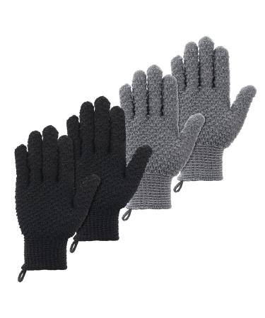 Sibba 2 Pairs Bath Exfoliating Gloves  Body Scrub Shower Scrubber with Hooks  Loofah Shower Glove  Spa Exfoliating Gloves for Women Men (Black&Grey)