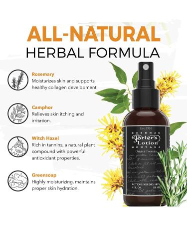 Porter's Lotion Original Formula - Natural Moisturizing Spray for Dry Skin - 4 oz - Witch Hazel, Rosemary, Camphor Oil - Green Soap - Relief for Hands and Body - Buy Online on GoSupps.com