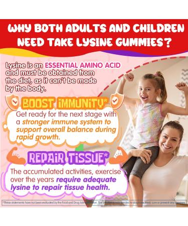 L-Lysine Gummies 500/1000mg with Algae Omega 3, Vitamin B2, D3, K2, C for Kids 9+, Teen & Adult, Lysine Supplement Support Immune, Lip & Oral, Collagen Production, Brain, Bone Health, Sugar Free 1Pack - Buy Online on GoSupps.com
