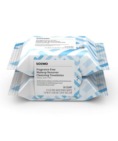 Solimo Make Up Remover Wipes, Fragrance Free, 25ct (Pack of 2) Fragrance Free 25 Count (Pack of 2)