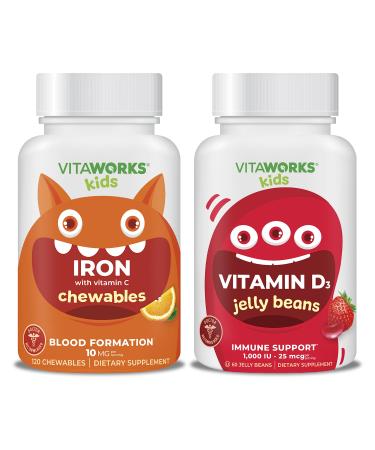 VitaWorks Kids Iron 10mg + Vitamin C Chewables + Vitamin D3 1000 IU Jelly Beans Bundle