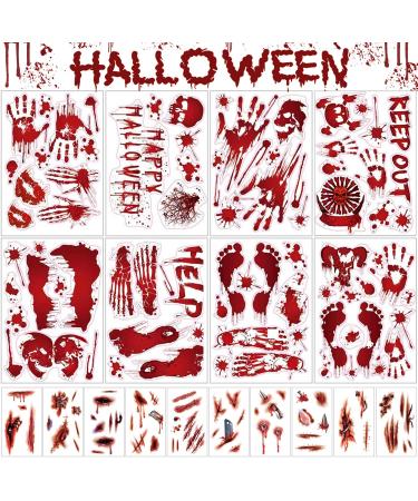 144pcs Halloween Stickers Bloody Handprint Footprint Window Decals Wall Stickers Face Tattoo 3D Zombie Scar Fake Wound Cosplay Makeup Party Decorations Waterproof for Women Men Kids