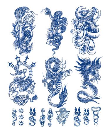 PADOUN 12 Sheets Semi-Permanent Fake Tattoos  6-Sheet Big Temporary Tattoos With Dragon Snake Scorpion Patterns And 6-Sheet Small Cute Semi Permanent Tattoos Long Lasting 1-2 Weeks