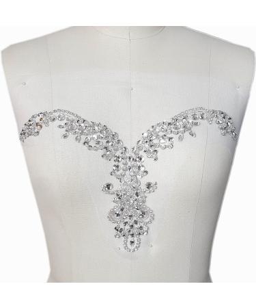 Handmade Silver V-Neck Sequin Rhinestone Crystal Trim Bridal Applique - DIY Wedding Dress Sewing Patch - Buy Online on GoSupps.com