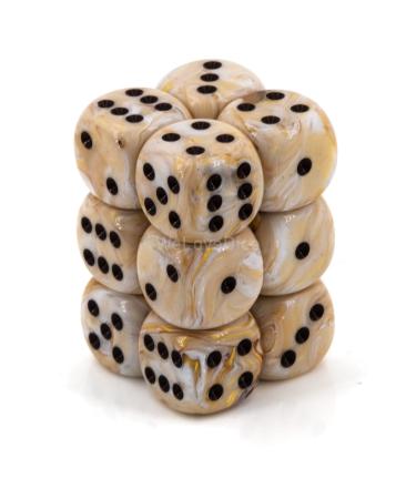 Chessex Dice d6 Sets: Marble Ivory with Black - 16mm Six Sided Die (12) Block of Dice (1-Pack)
