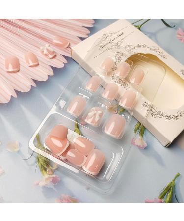 Buy Pink Press on Nails - Short Square Fake Nails with White French Tips & Bow Nail Charms | 24 Pcs Glossy Nude Pink Acrylic Designs for Daily Wear - Buy Online on GoSupps.com