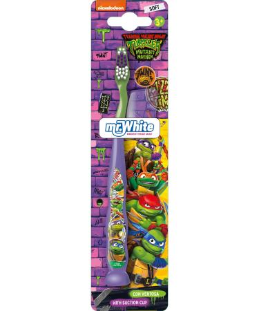Mr.White Official Licensed Ninja Turtles Manual Toothbrush : Perfect for Kids 3+ Years with with Suction Cup and Travel Cap - Soft Rounded Bristles for Gentle Clean Purple Pack of 1