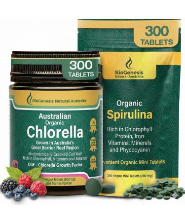 Biogenesis Australian Superfood Duo Organic Spirulina (200mg) & Berry Chlorella (500mg) 300 Tablets Each (600 Total) Complete Green Algae Complex for Daily Energy Immune Support & Natural Detox