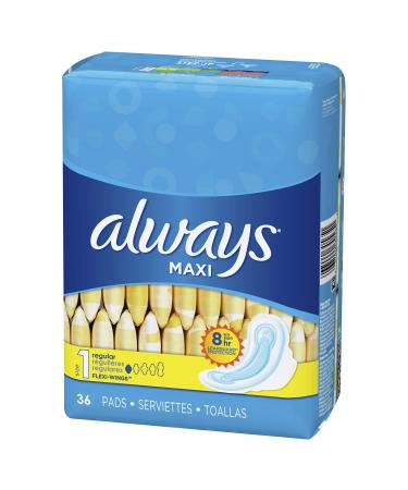 ALWAYS Maxi Size 1 Regular Pads With Wings Unscented, 36 Count (Pack of 2)