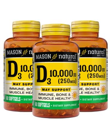 Mason Natural Vitamin D3 250 mcg (10000 IU) Supports Overall Health from Corn Oil 60 Softgels (Pack of 3) Unflavored 60 Count (Pack of 3)