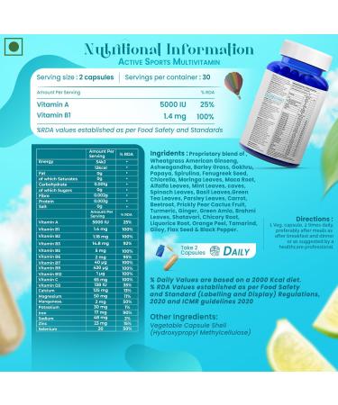 Biovitalia Organics Plant-Based Active Sports Multivitamin Dietary Supplement Capsule | Promote Immunity | Promotes Muscle Growth | Non-GMO - 60 Vegetable Capsules - Buy Online on GoSupps.com