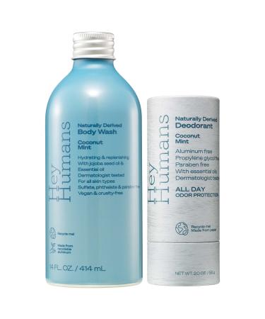 Hey Humans Coconut Mint Natural Deodorant & Body Wash for Women | Aluminum Free Travel Size Deodorant & Dry Skin Body Wash | Shea Butter & Jojoba Oil | Clean & Vegan Dorm Room Essential Gift Set