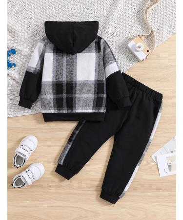 Qiraoxy Toddler Baby Boy Plaid Hoodie Sweatshirt Outfit Set | 5-6 Years | Black - Buy Online on GoSupps.com
