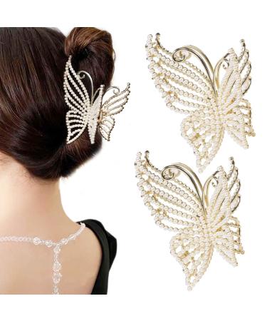 2Pcs Butterfly Pearl Hair Claw Clips  Large Non Slip Strong Hold Hair Jaw Clips Inlaid with Bling Pearls  Elegant Fairy-like Hair Accessories for Women Girls of Thick Thin Hair Headwear Gifts Type-1